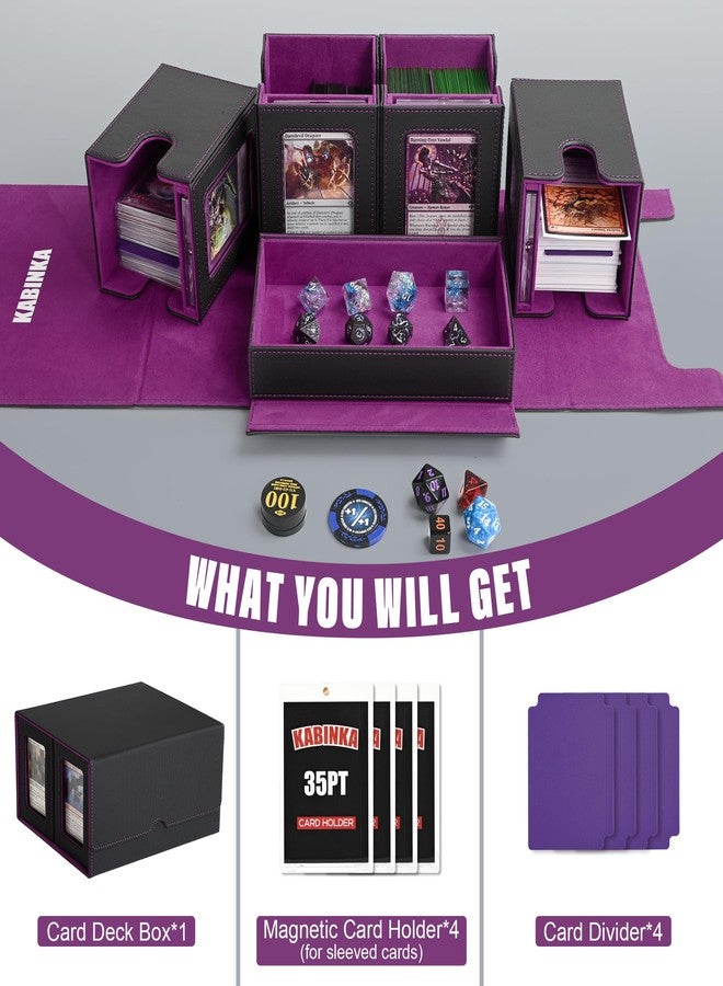 Kabinka Commander Deck Box for MTG Fits 400+ Double-Sleeved Card Storage, 5 IN 1 Removable Card Case with Dice Tray, Display Window for TCG/PTCG/EDH, 4 Magnetic One Touch Holders (Black Purple) - Image 2